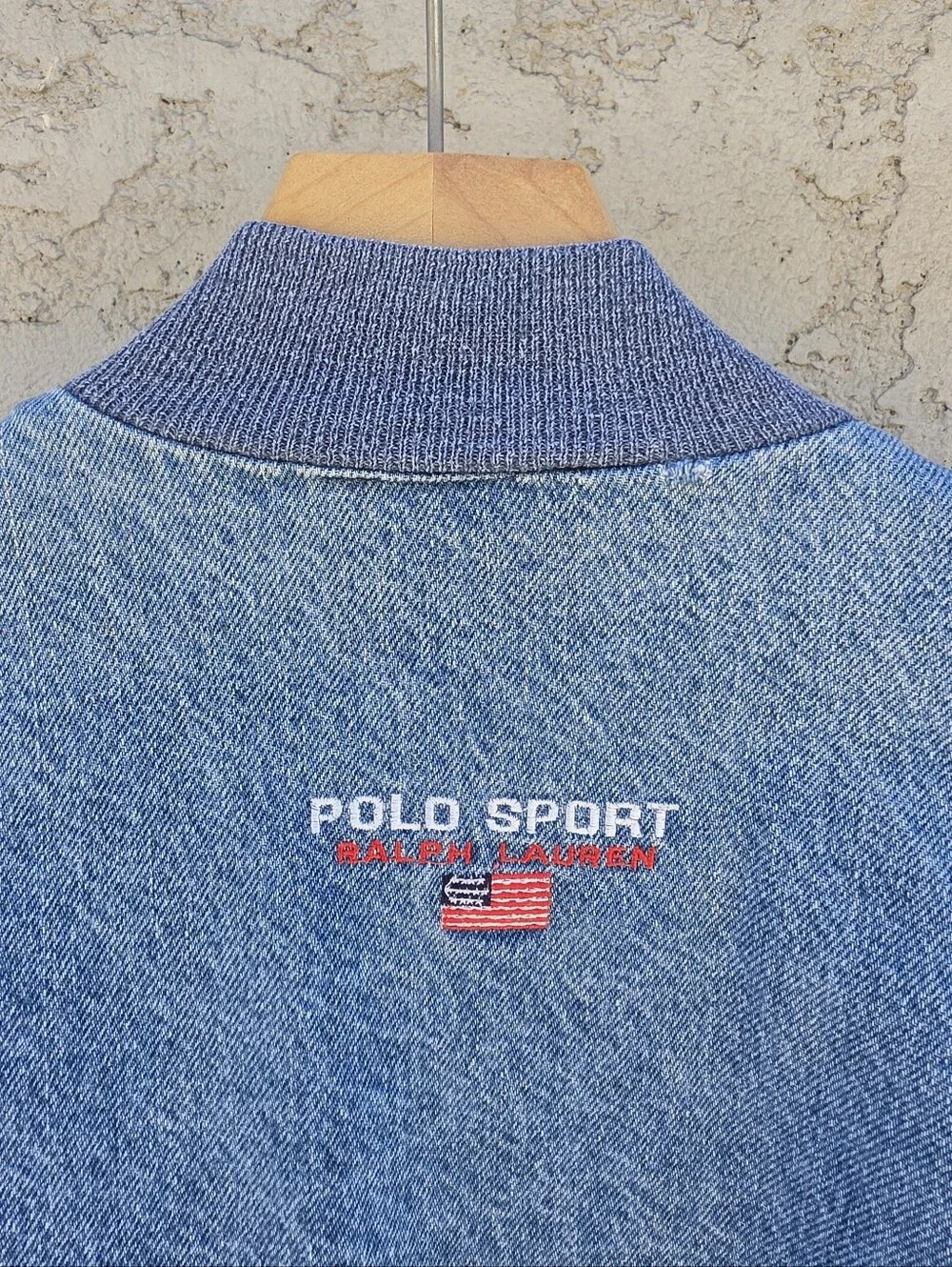 Vtg 90s Polo Sport Ralph Lauren Denim Varsity Bomber Jacket Men’s XL Blue Green